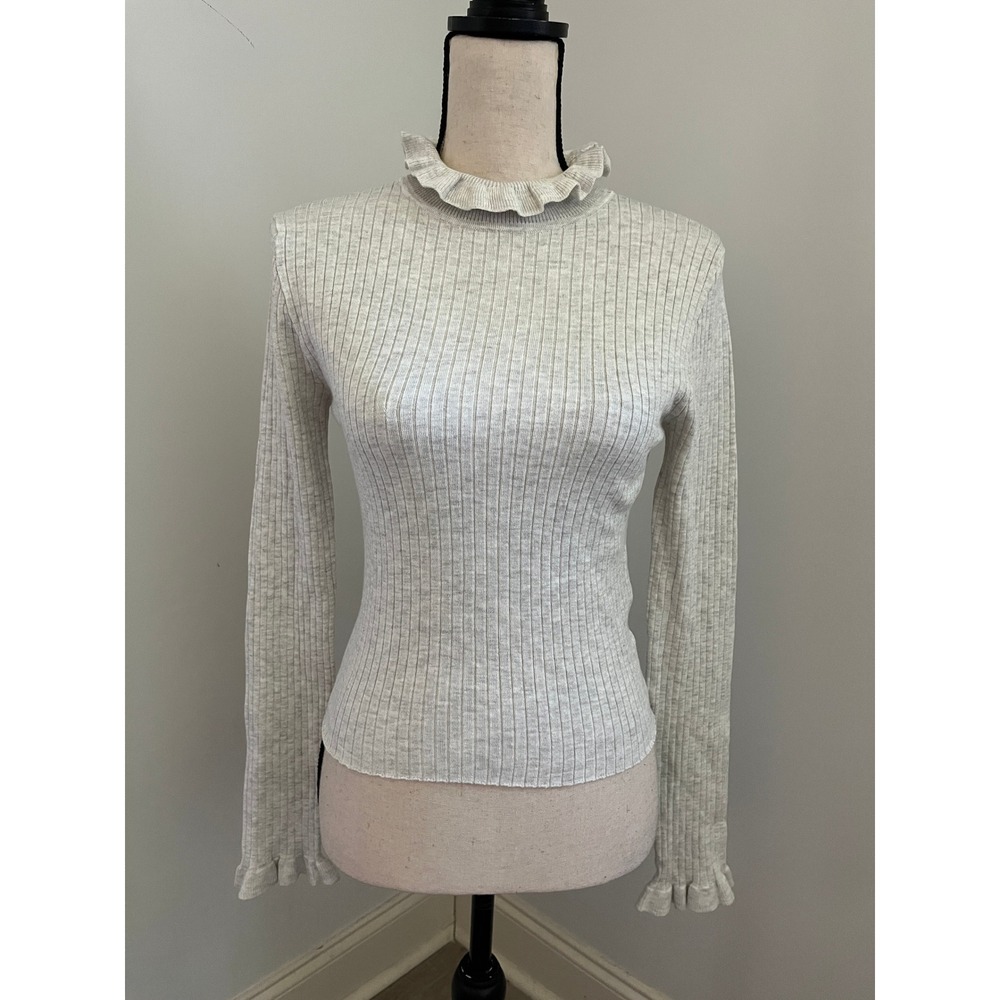 Grey Ribbed Mock Neck Sweater Medium Long Sleeve Ruffle Girlhood Office Neutral